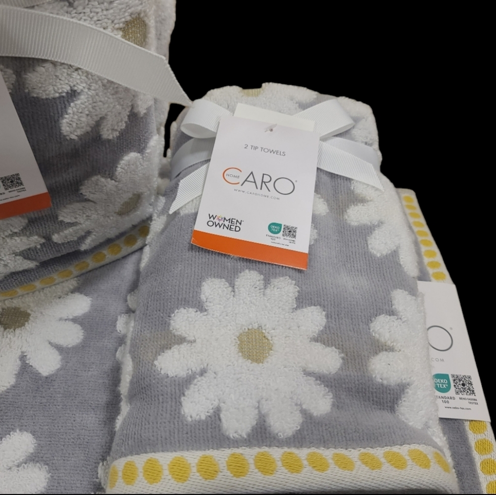 ๐ผ Caro Home 6pc White Gray Yellow Daisies 2 Bath 2 Hand 2 Tip Towel Set New ๐ผ - Picture 3 of 10